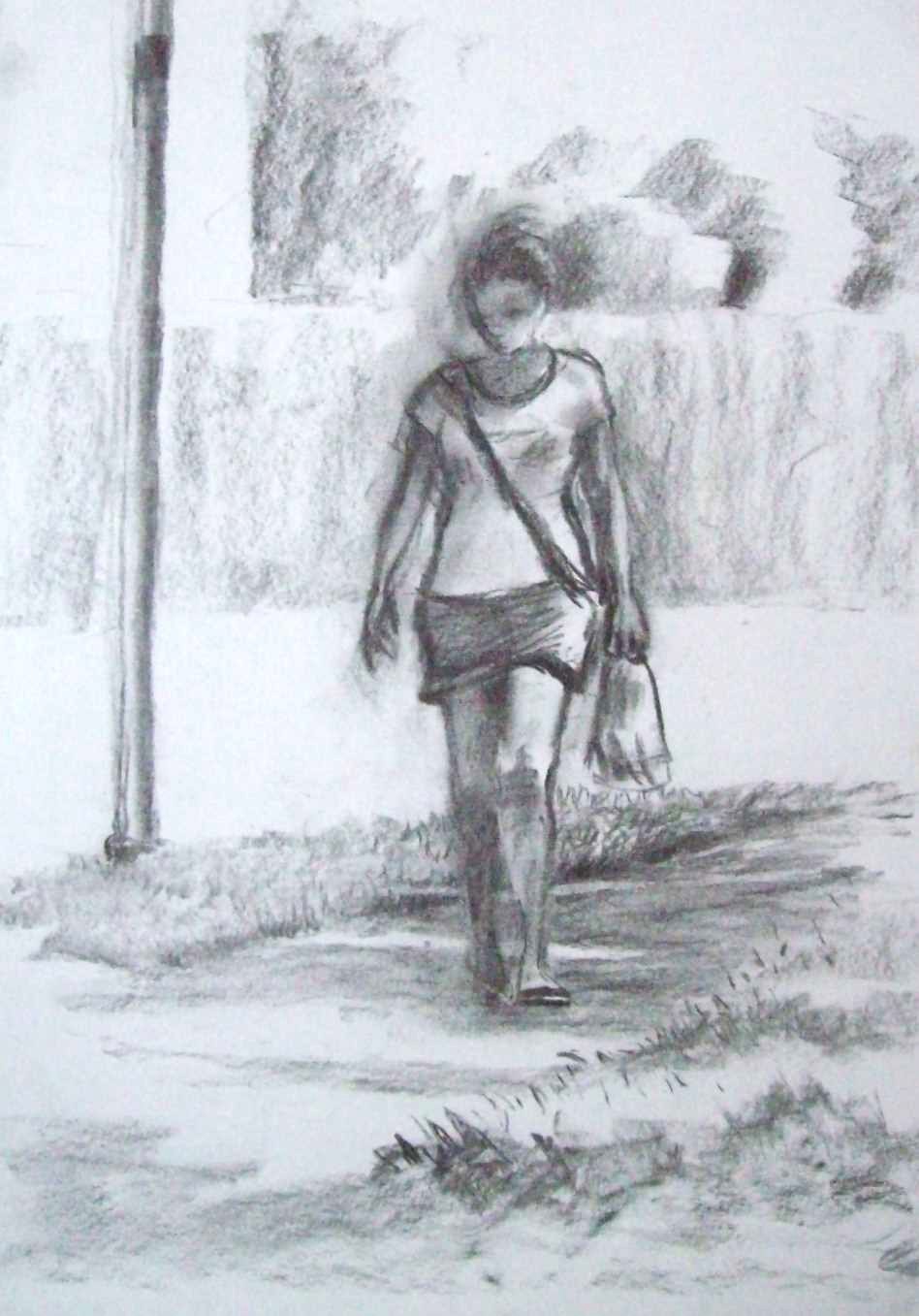 Drawing of girl walking by Mary Adam
